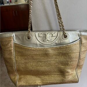 Tory Burch Gold Chain Silver Straw Handbag Purse